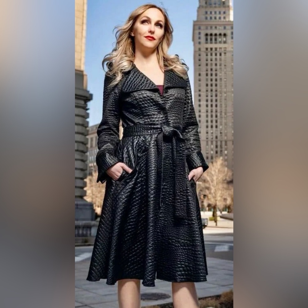 Samuel Dong Textured Black Trench Coat Dress with Waist Tie- Medium